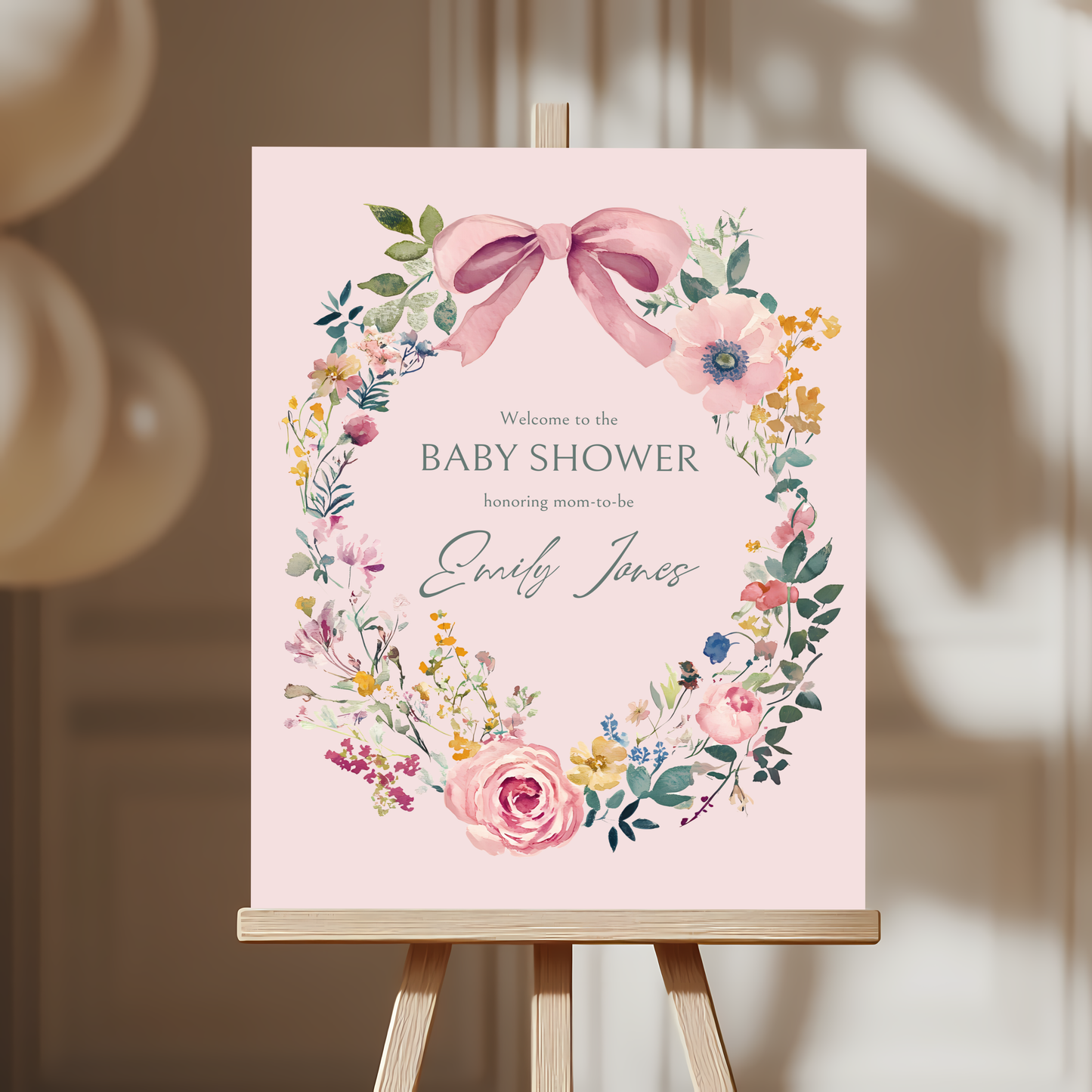 Baby Shower Welcome Sign - Pink Hand Drawn Vintage Floral Baby In Bloom BS71