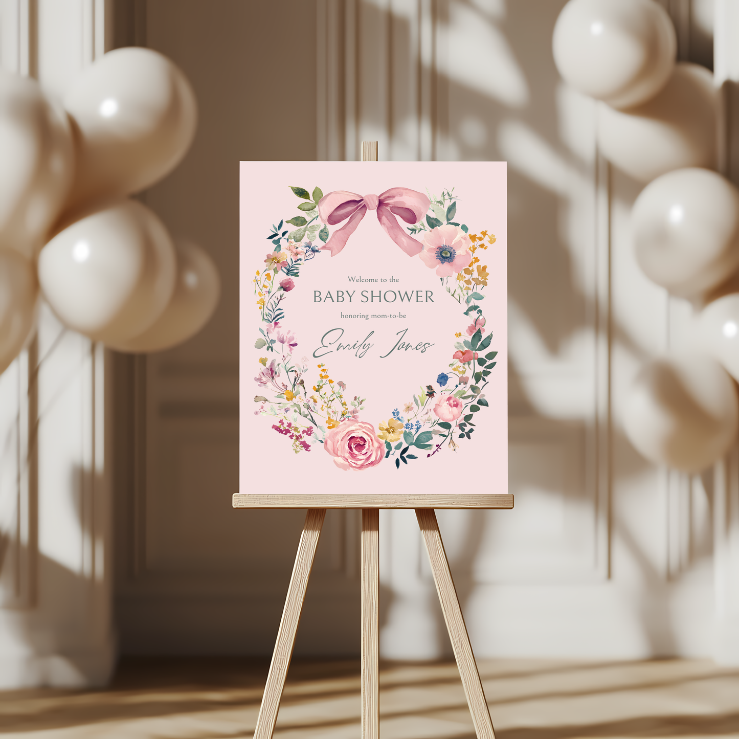 Baby Shower Welcome Sign - Pink Hand Drawn Vintage Floral Baby In Bloom BS71