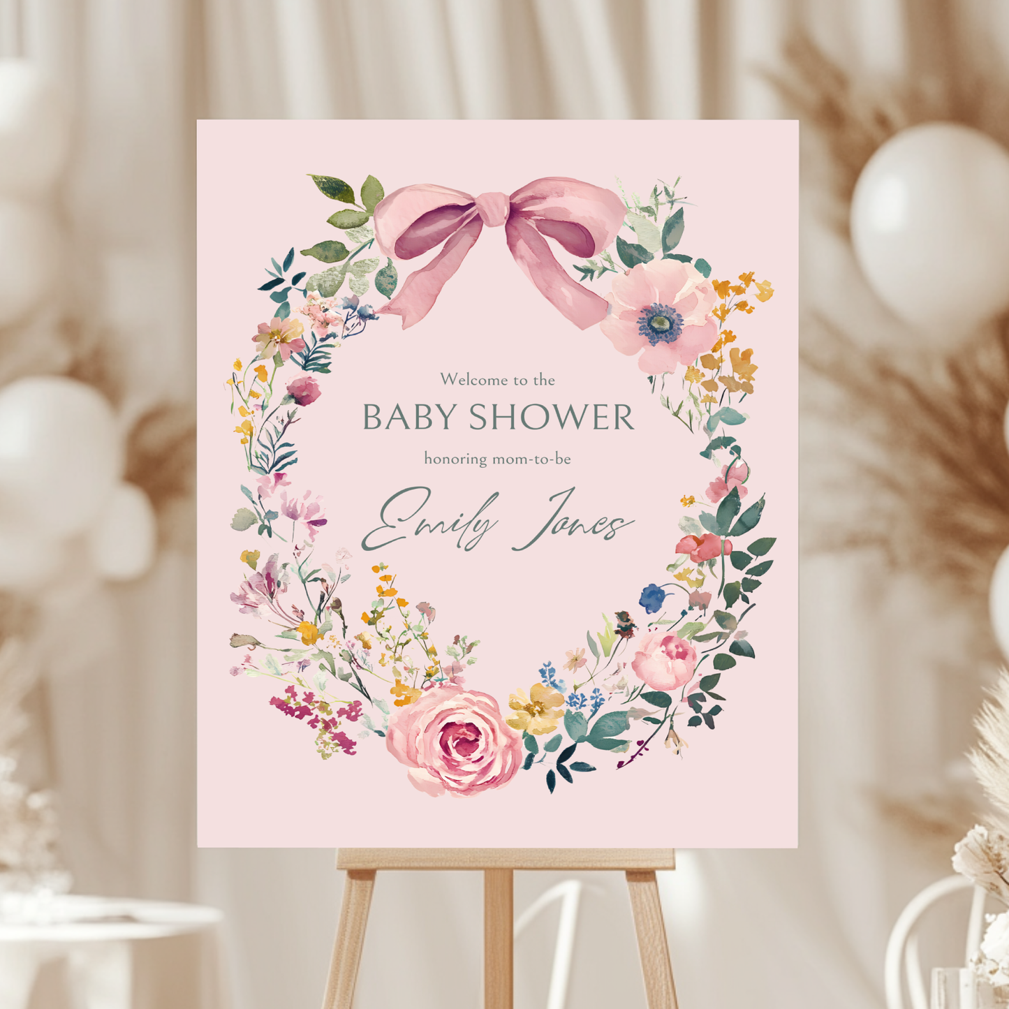 Baby Shower Welcome Sign - Pink Hand Drawn Vintage Floral Baby In Bloom BS71