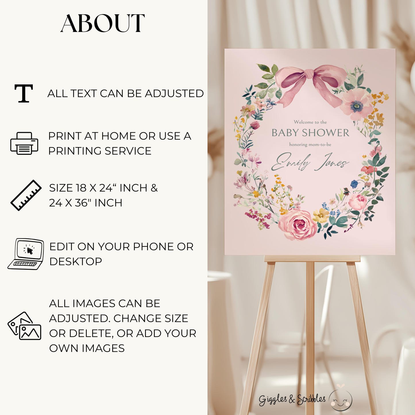 Baby Shower Welcome Sign - Pink Hand Drawn Vintage Floral Baby In Bloom BS71