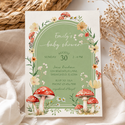 Green Mushroom Fungi Fall Woodland Baby Shower Invitation BS82