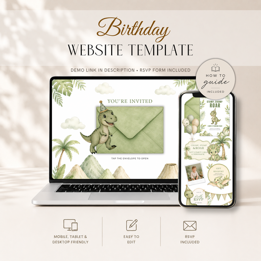 Dinosaur kids birthday party invitation website template with RSVP