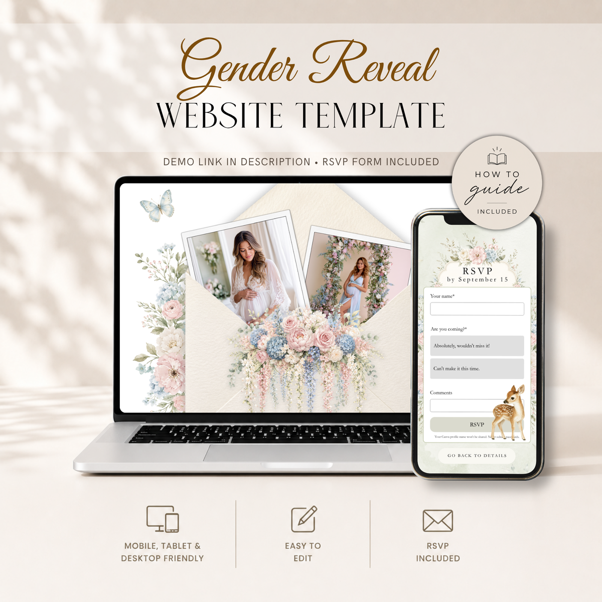 Deer woodland gender reveal website invitation template with built-in RSVP