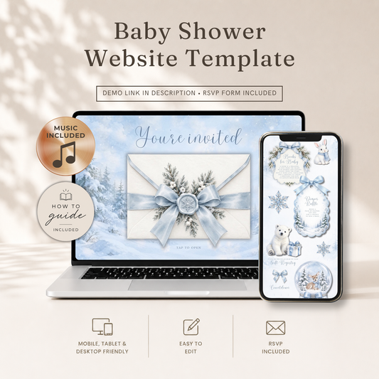 Little Snowflake winter wonderland baby shower website invitation in icy blue and white