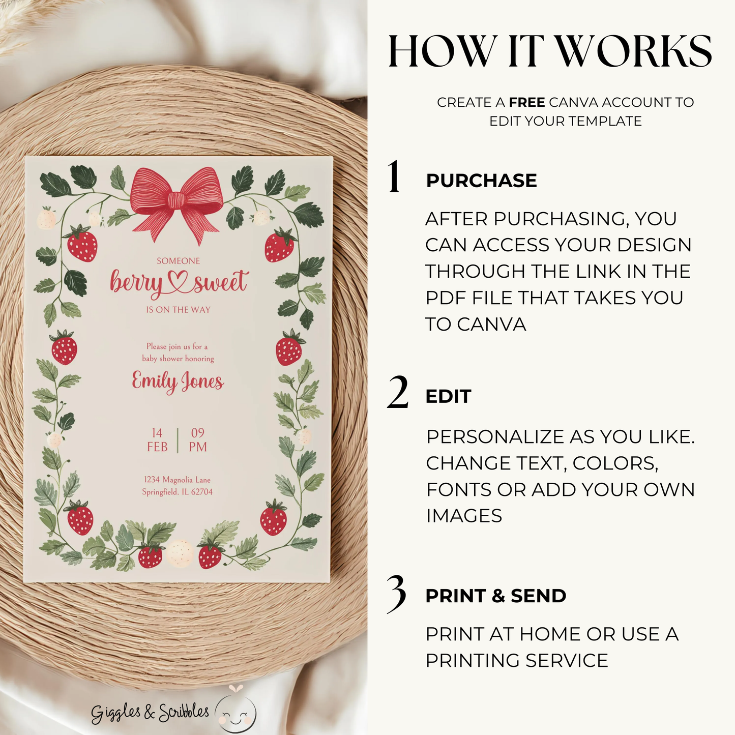 Baby Shower Invitation Bundle - Beige Strawberry Berry Sweet Vintage Floral BS63