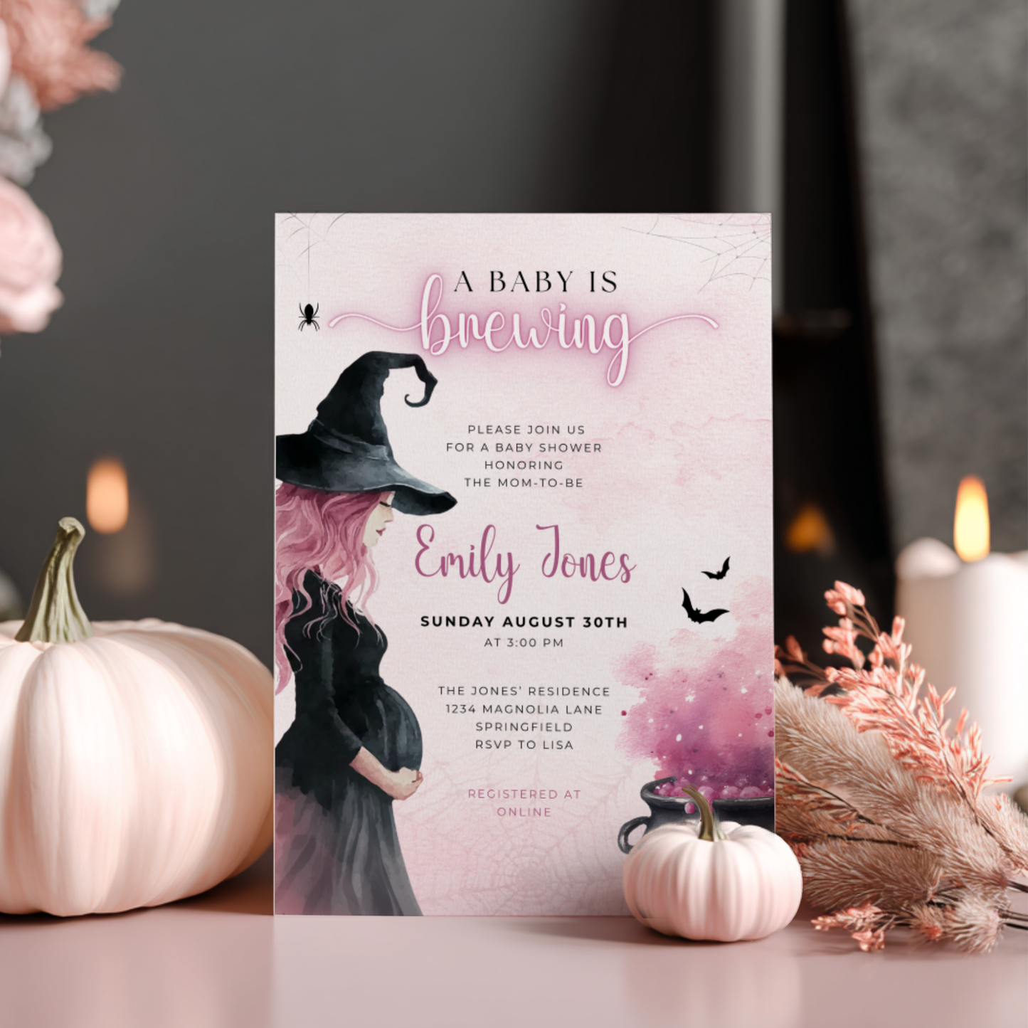Baby Shower Invitation - Pink Halloween Witch A Baby is Brewing BS200