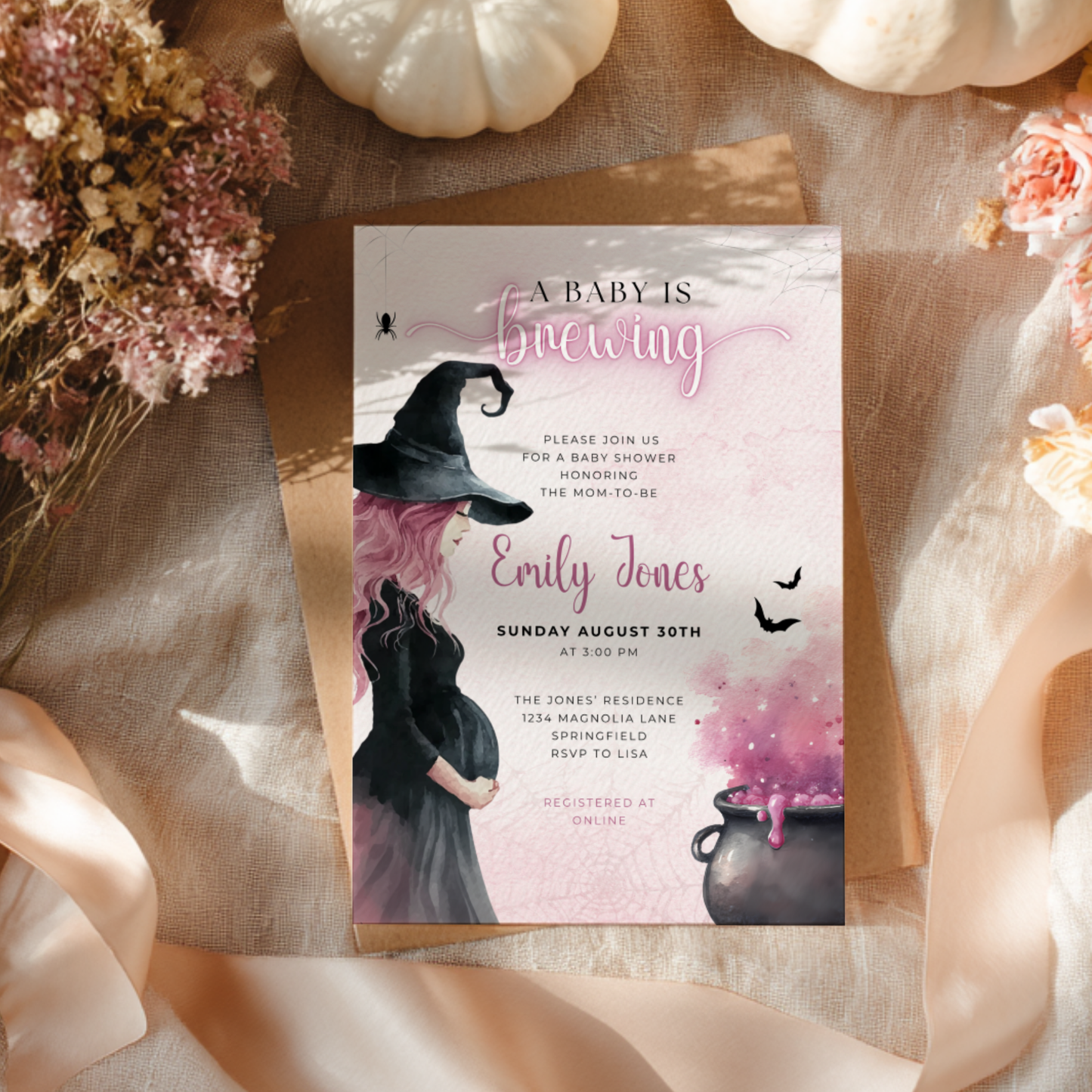 Baby Shower Invitation - Pink Halloween Witch A Baby is Brewing BS200