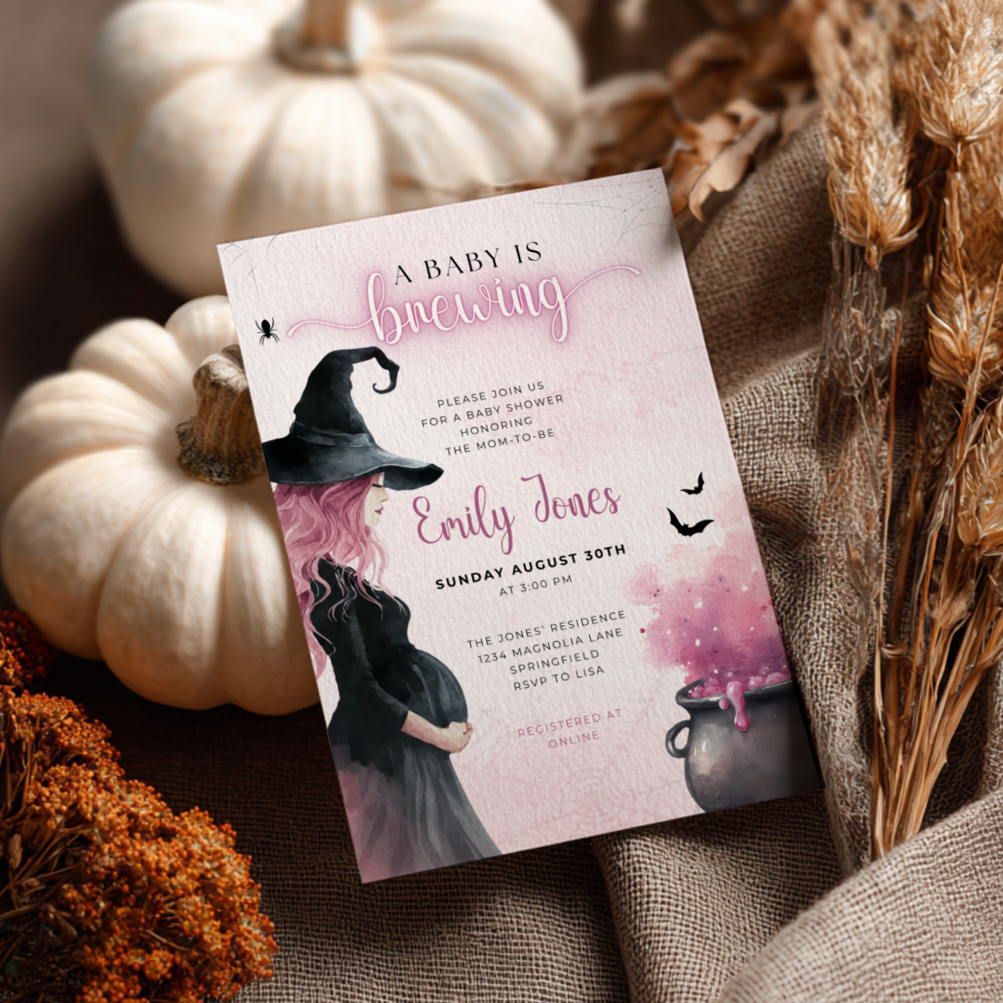 Baby Shower Invitation - Pink Halloween Witch A Baby is Brewing BS200