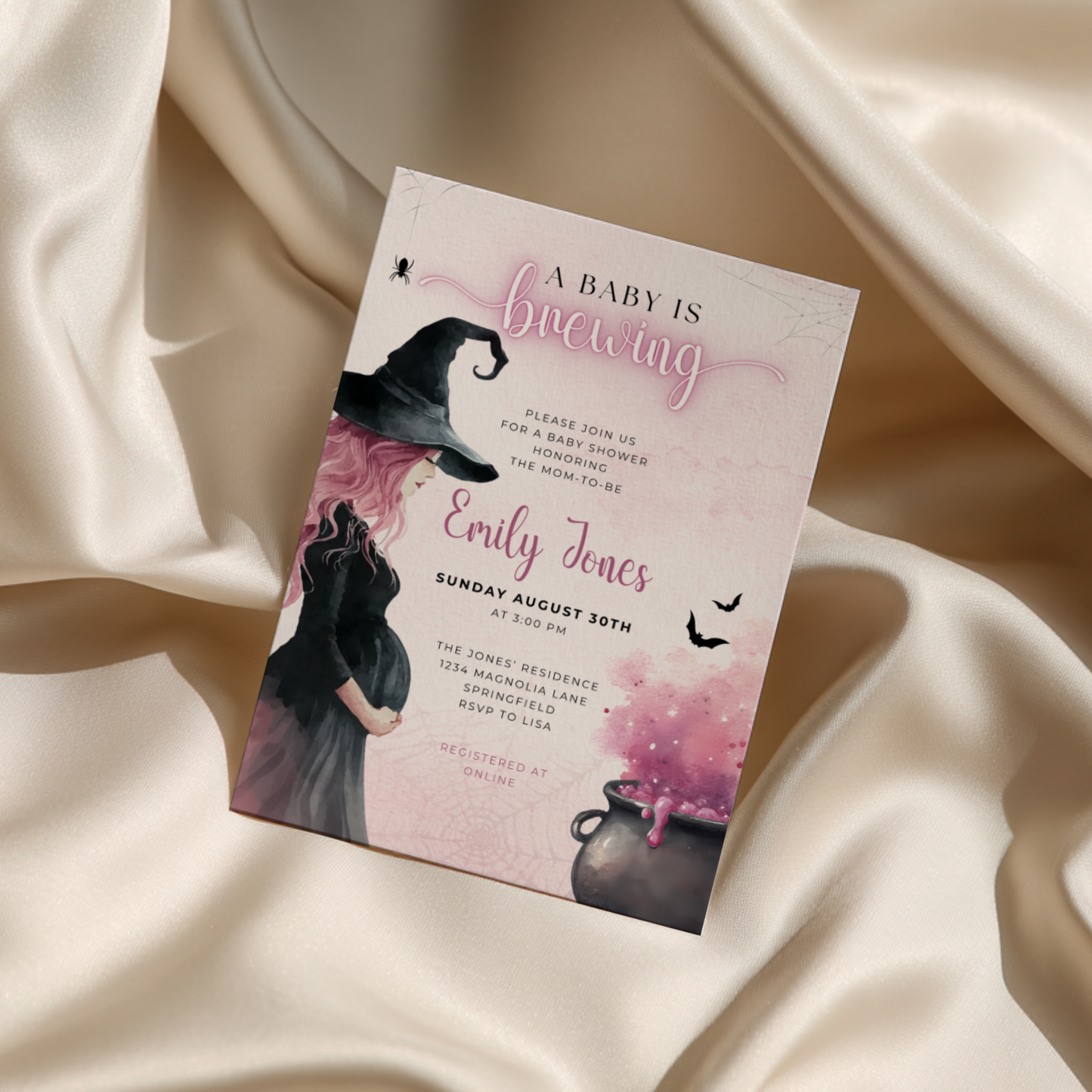 Baby Shower Invitation - Pink Halloween Witch A Baby is Brewing BS200