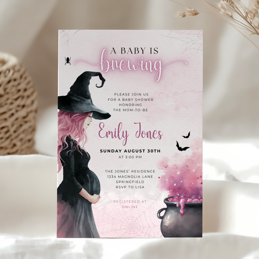 Baby Shower Invitation - Pink Halloween Witch A Baby is Brewing BS200