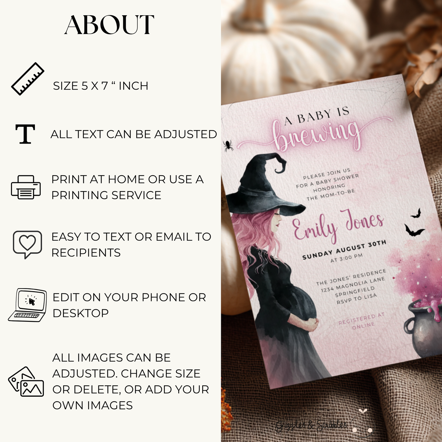 Baby Shower Invitation - Pink Halloween Witch A Baby is Brewing BS200