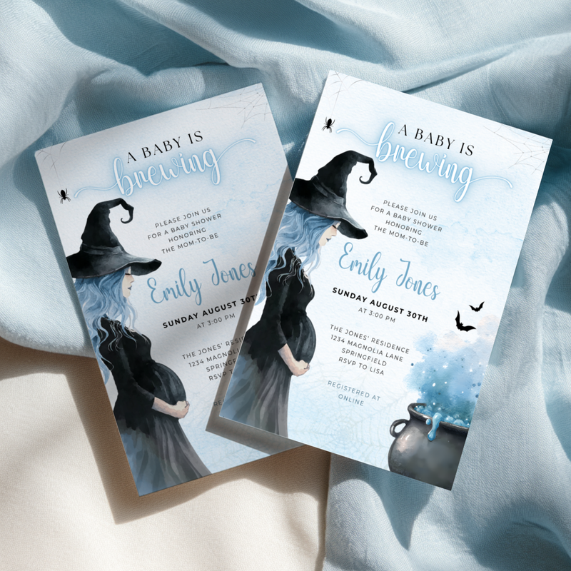 Baby Shower Invitation Bundle - A Baby Is Brewing Halloween Witch Blue BS200