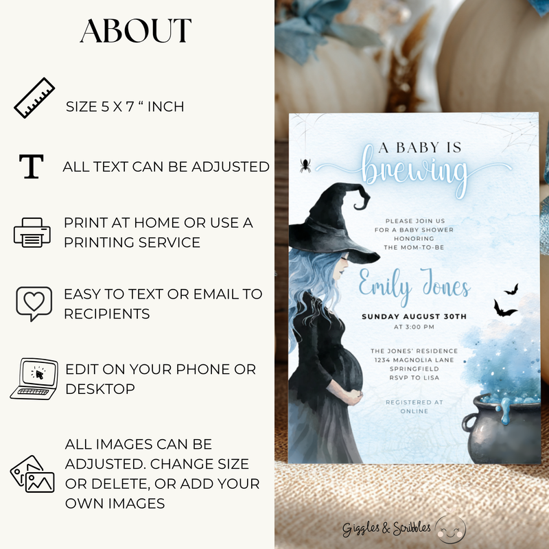 Baby Shower Invitation - Blue Halloween A Baby Is Brewing BS200
