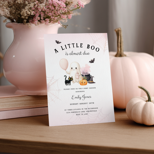 Baby Shower Invitation - A Little Boo is Almost Due Pink Halloween BS190