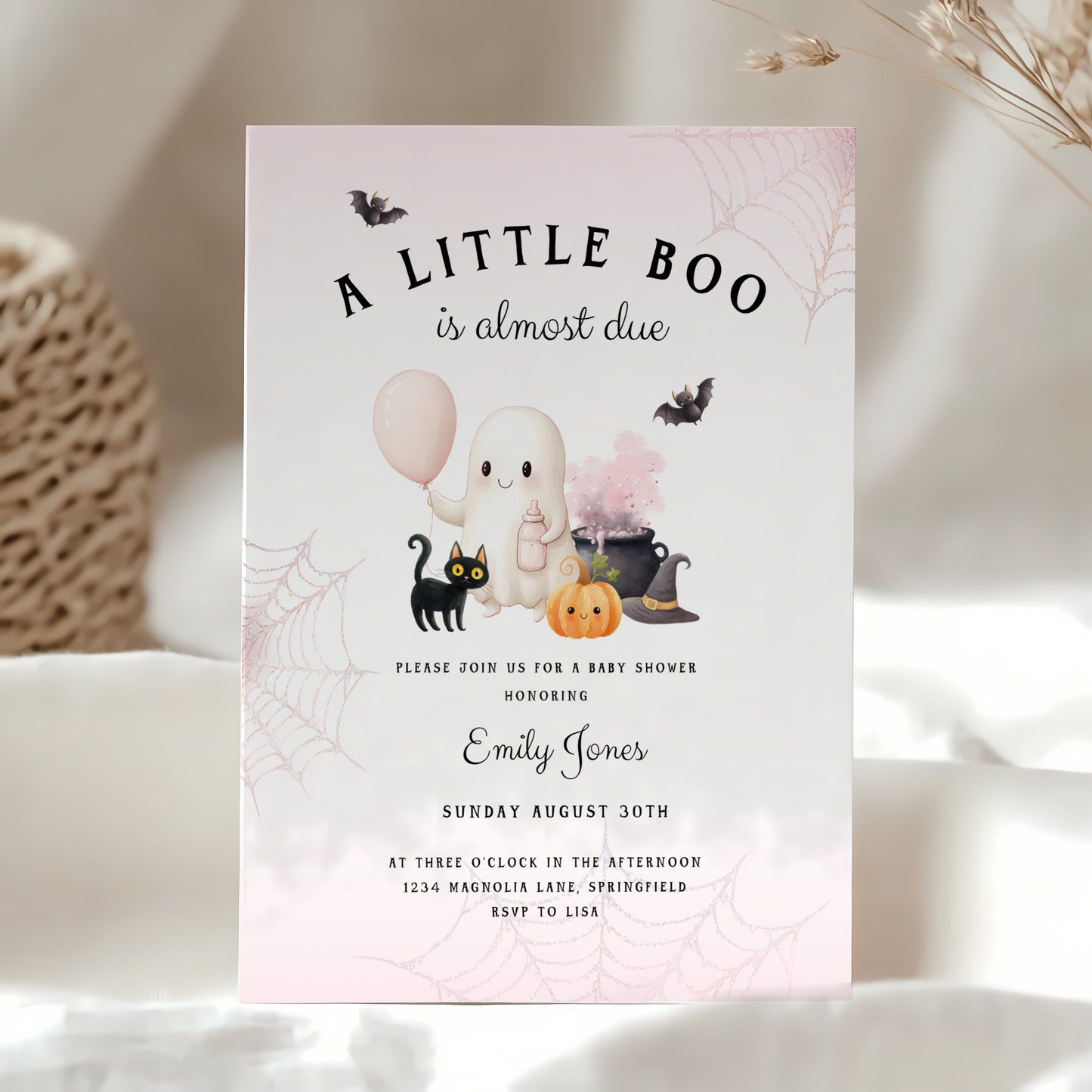 Baby Shower Invitation - A Little Boo is Almost Due Pink Halloween BS190