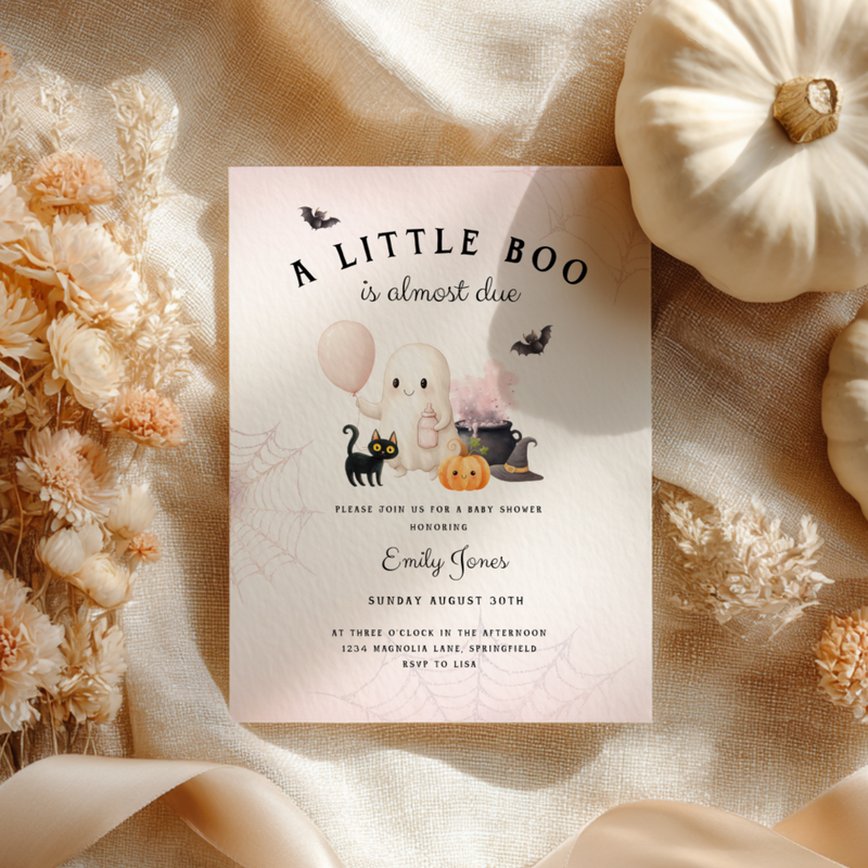 Baby Shower Invitation - A Little Boo is Almost Due Pink Halloween BS190