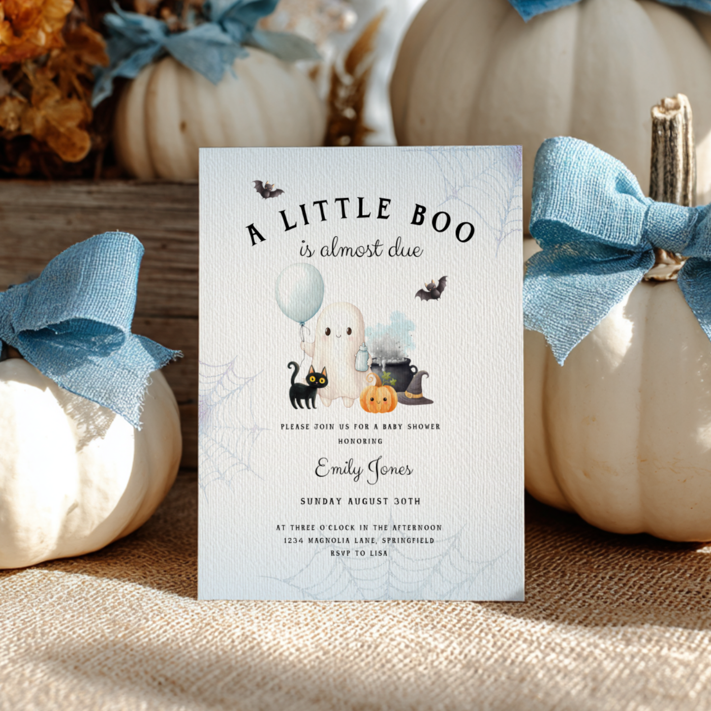 Baby Shower Invitation - Little Boo Is Almost Due Blue Halloween Baby Ghost BS190