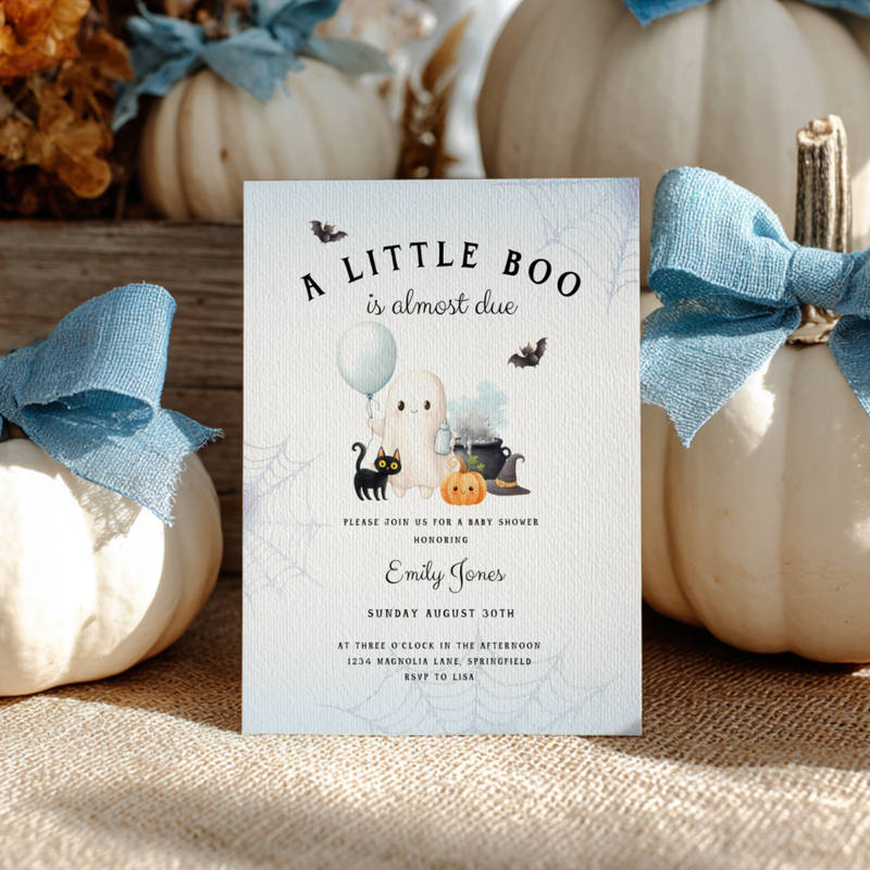 Baby Shower Invitation - Little Boo Is Almost Due Blue Halloween Baby Ghost BS190