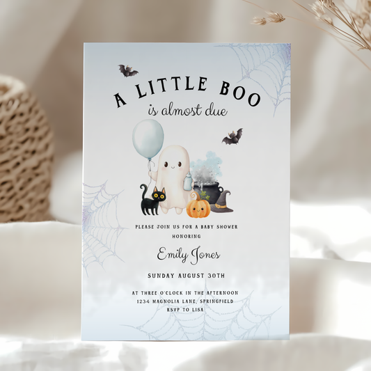 Baby Shower Invitation - Little Boo Is Almost Due Blue Halloween Baby Ghost BS190