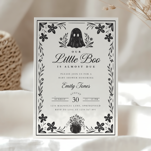 Baby Shower Invitation - A Little Boo Is Almost Due Vintage Floral Gothic Template BS219