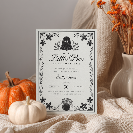 Baby Shower Invitation - A Little Boo Is Almost Due Vintage Floral Gothic Template BS219