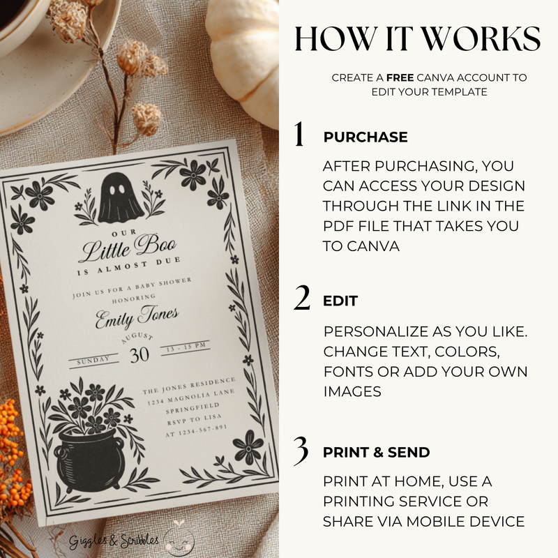 Baby Shower Invitation - A Little Boo Is Almost Due Vintage Floral Gothic Template BS219