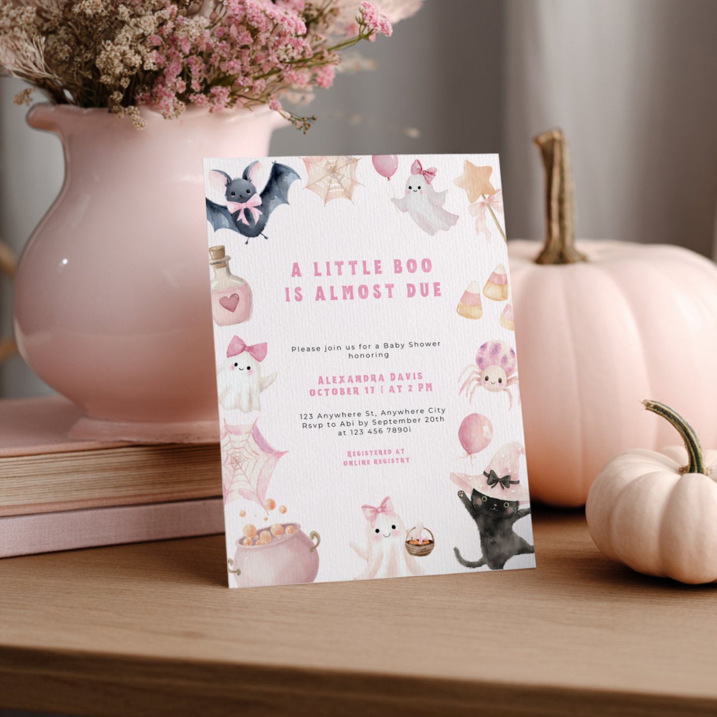 A Little Boo Is Almost Due Baby Shower Invitation Girl L43