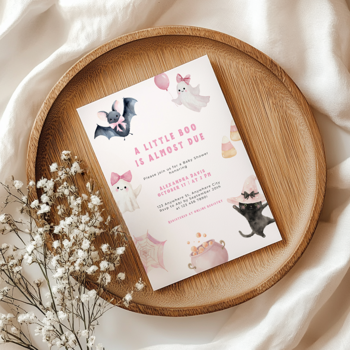 A Little Boo Is Almost Due Baby Shower Invitation Pink L44