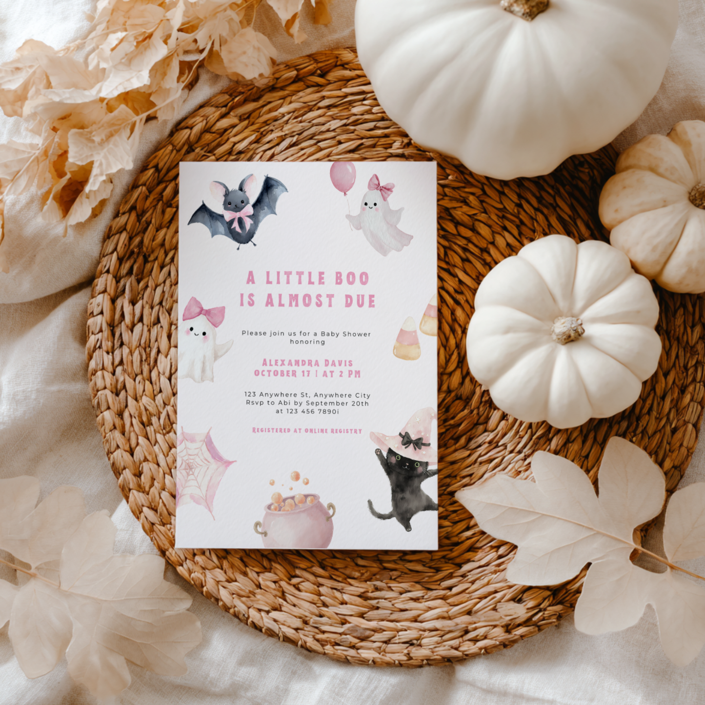 A Little Boo Is Almost Due Baby Shower Invitation Pink L44