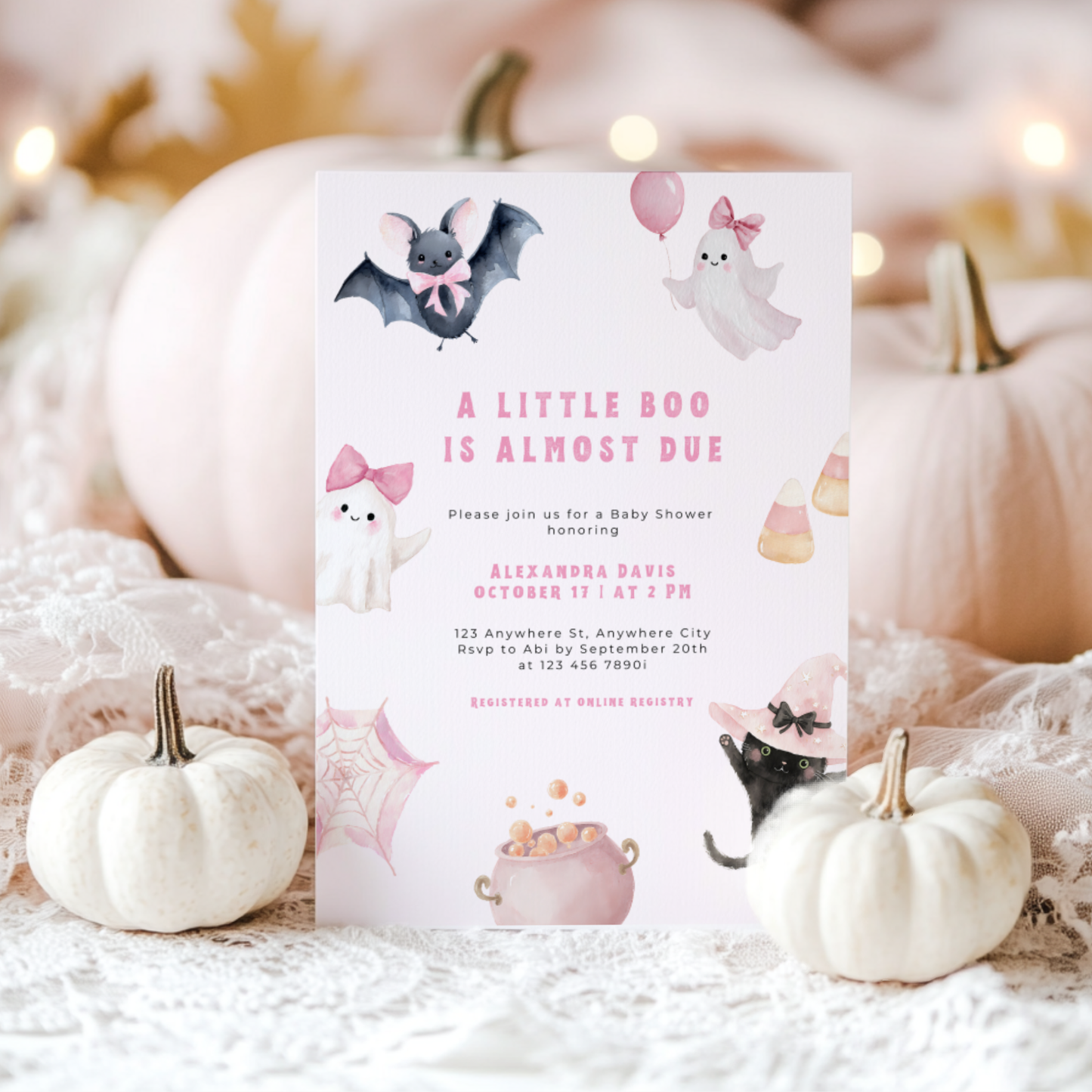 A Little Boo Is Almost Due Baby Shower Invitation Pink L44