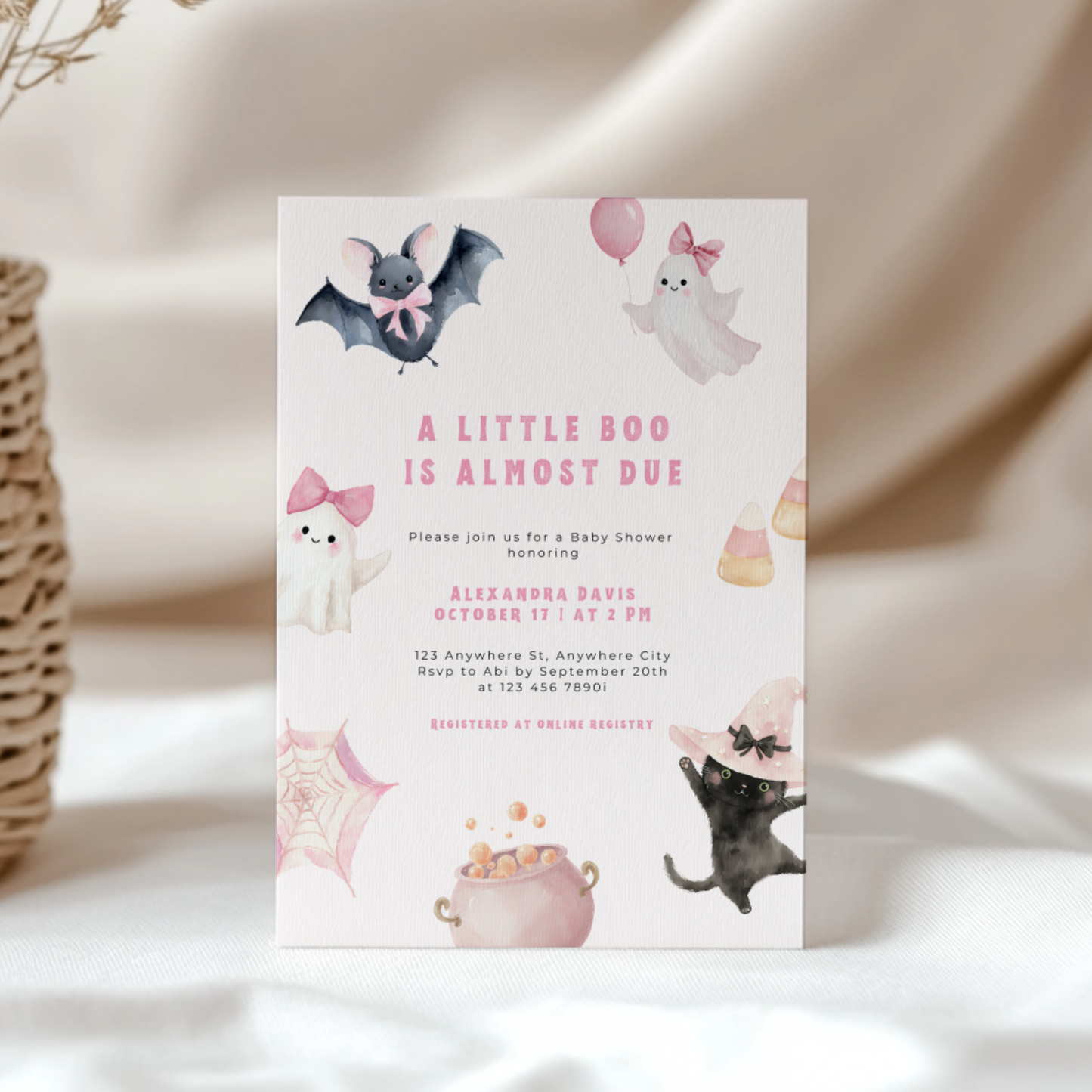 A Little Boo Is Almost Due Baby Shower Invitation Pink L44