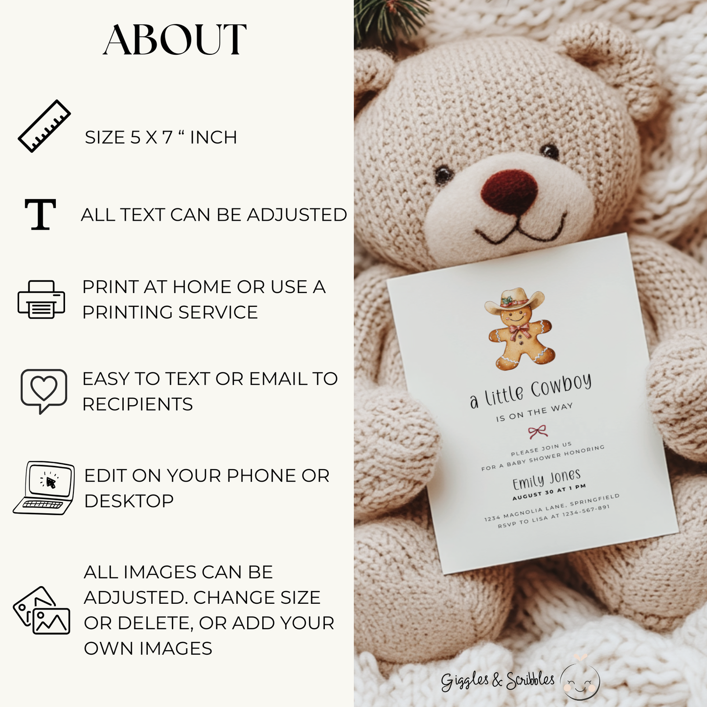 Baby Shower Invitation - Little Cowboy Gingerbread Cookie BS246