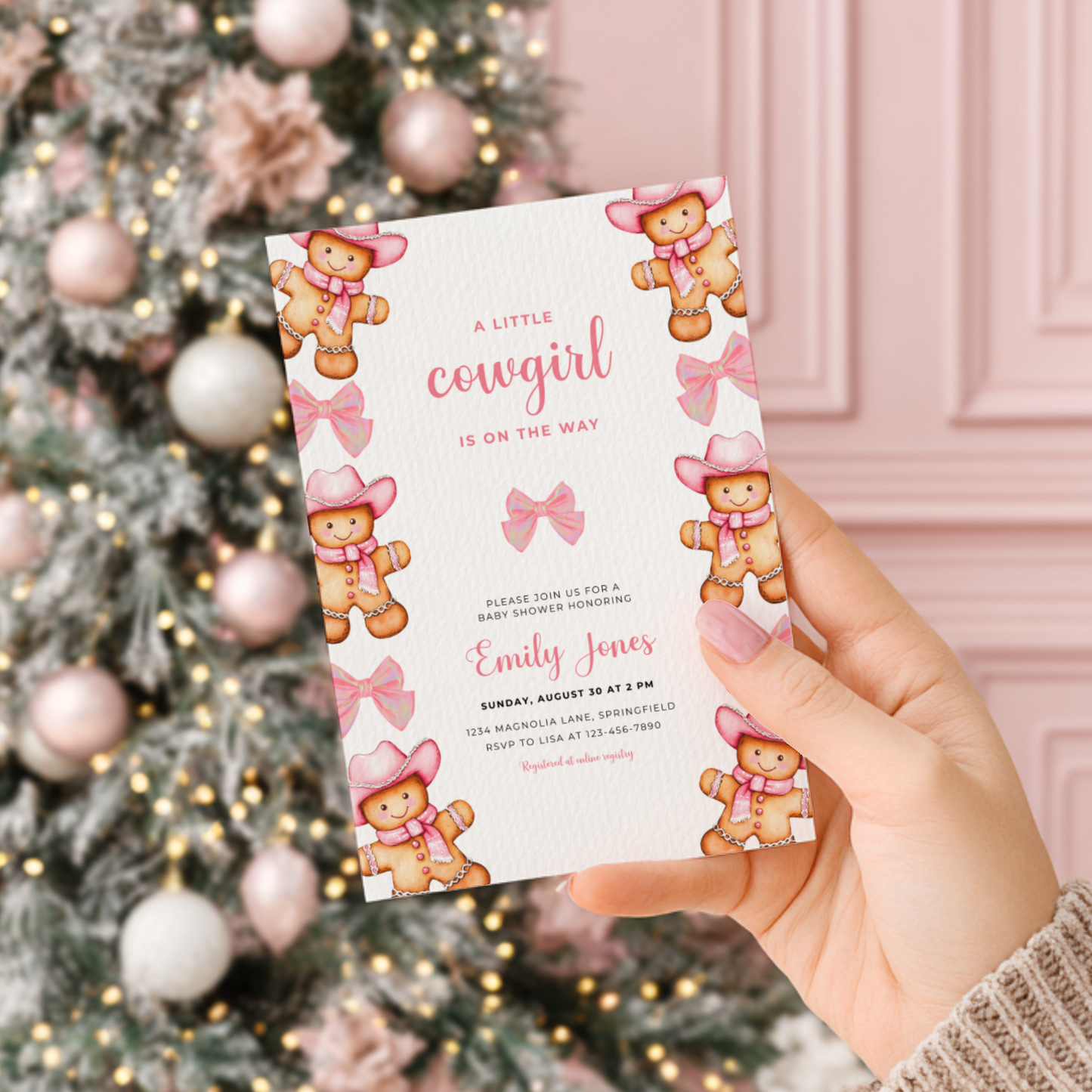 Baby Shower Invitation - Pink Cowgirl Gingerbread Cookie and Bows BS247