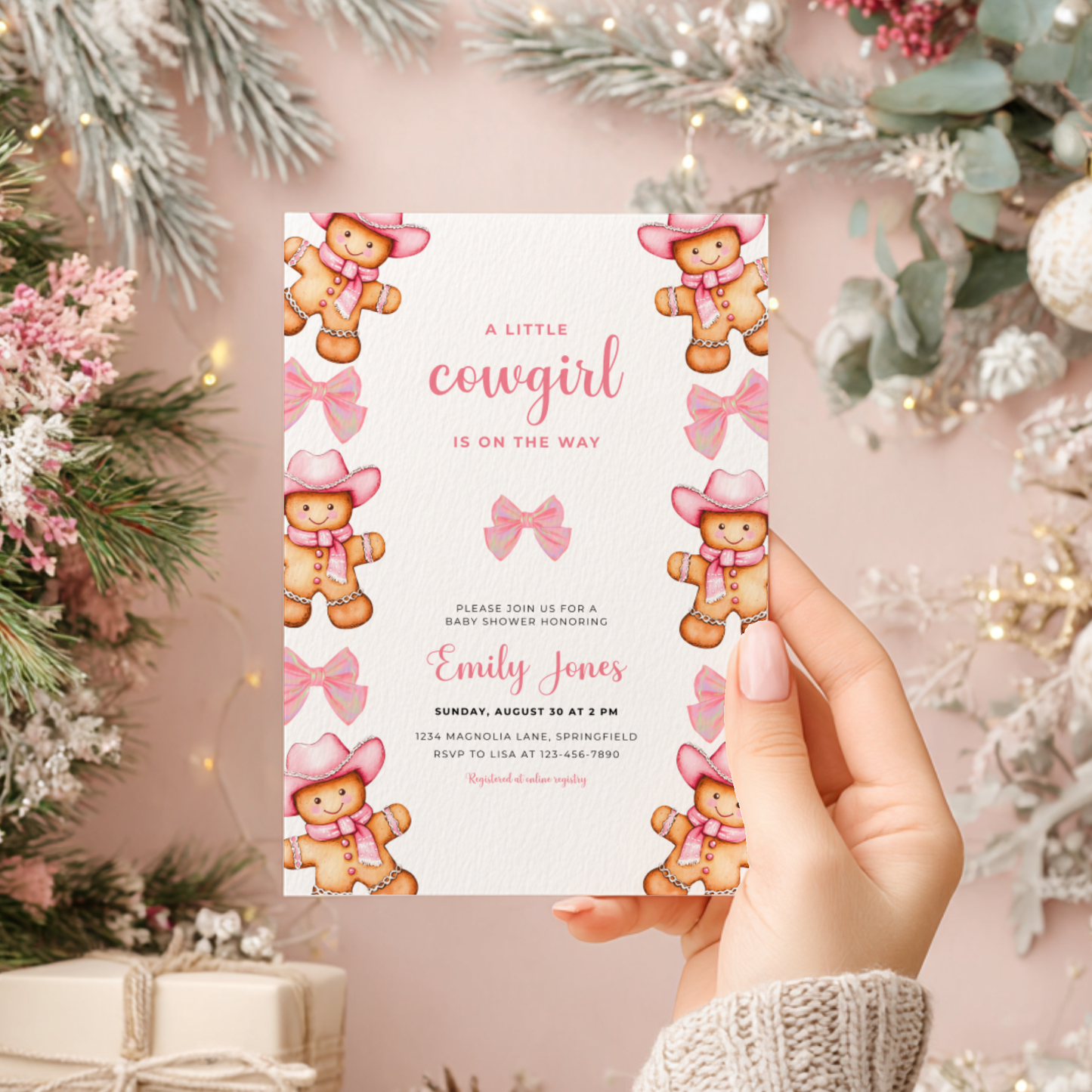 Baby Shower Invitation - Pink Cowgirl Gingerbread Cookie and Bows BS247