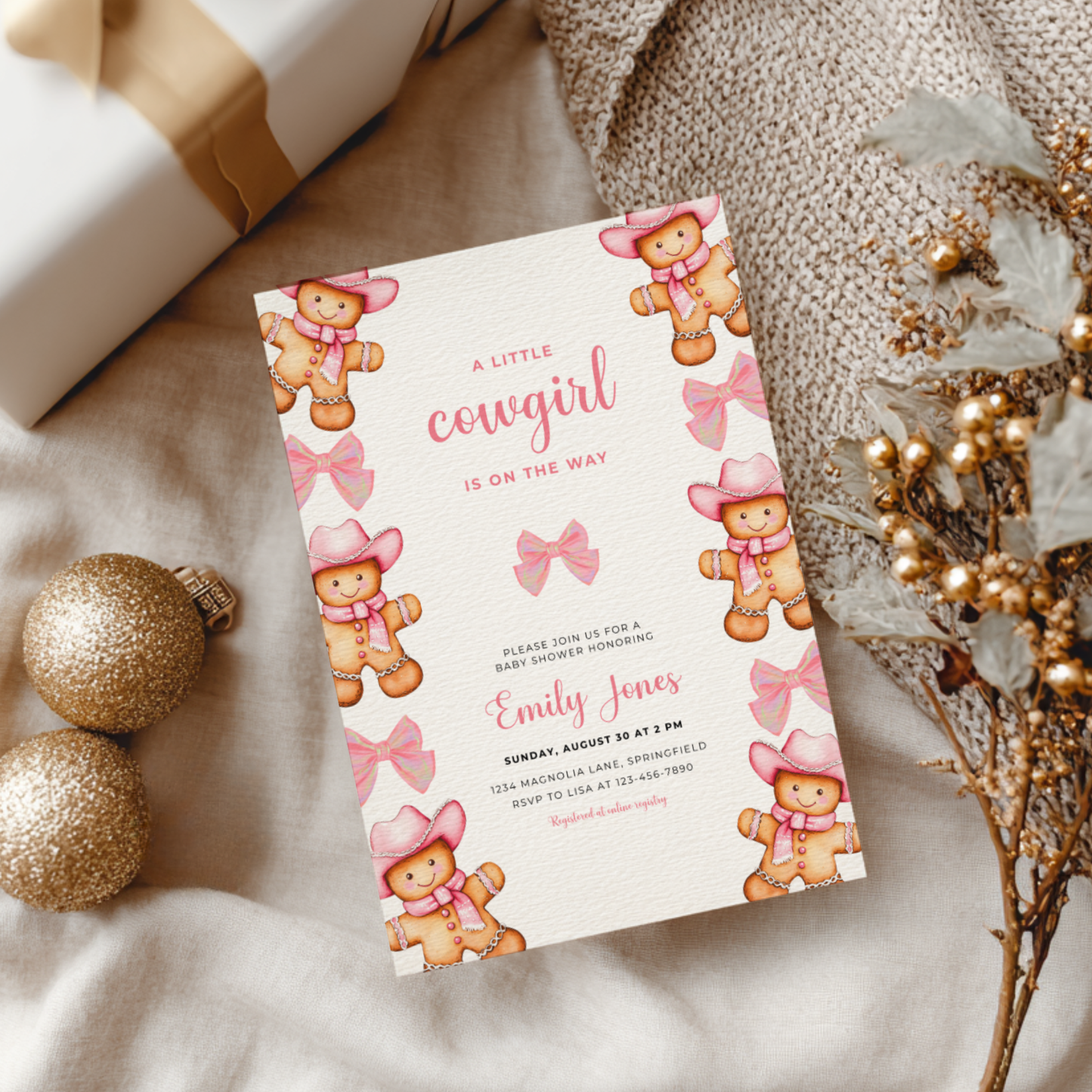 Baby Shower Invitation - Pink Cowgirl Gingerbread Cookie and Bows BS247