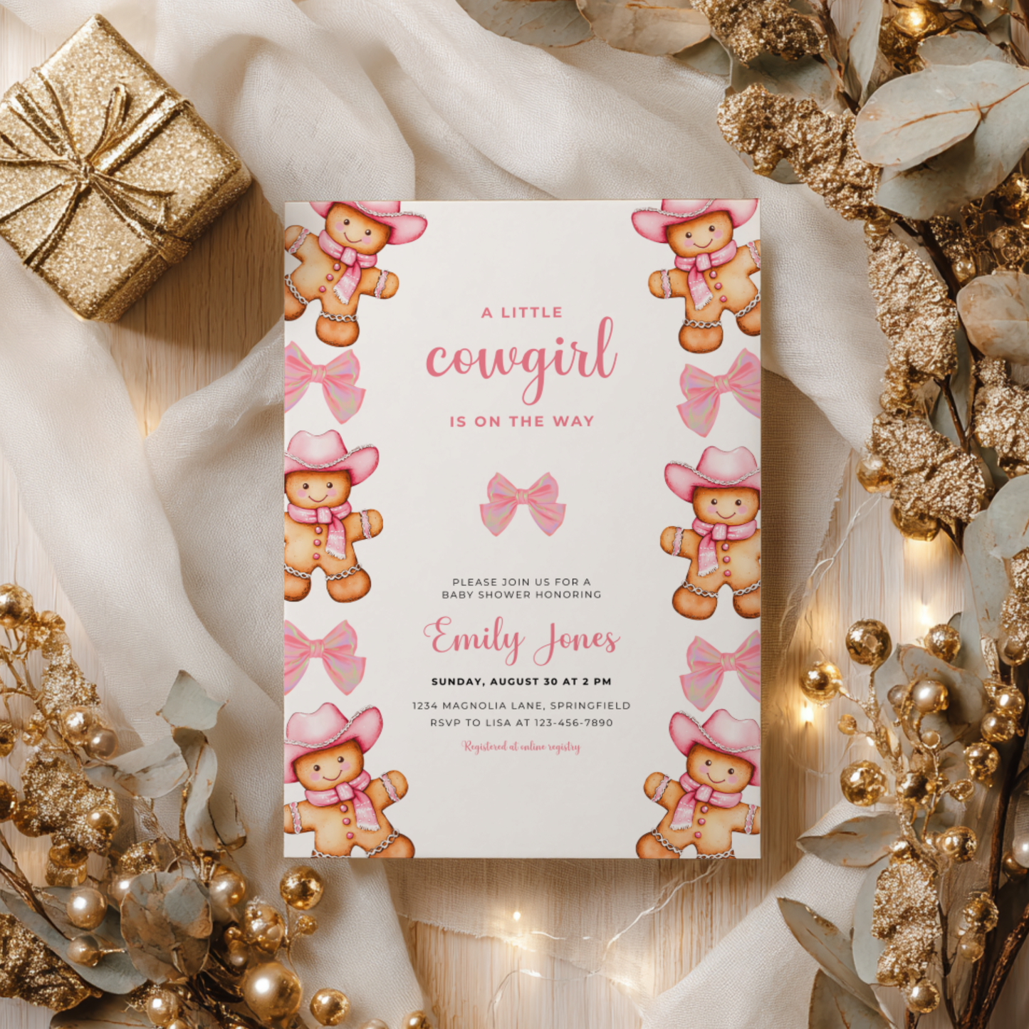 Baby Shower Invitation - Pink Cowgirl Gingerbread Cookie and Bows BS247