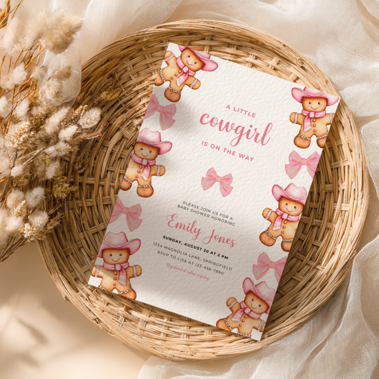 Baby Shower Invitation - Pink Cowgirl Gingerbread Cookie and Bows BS247