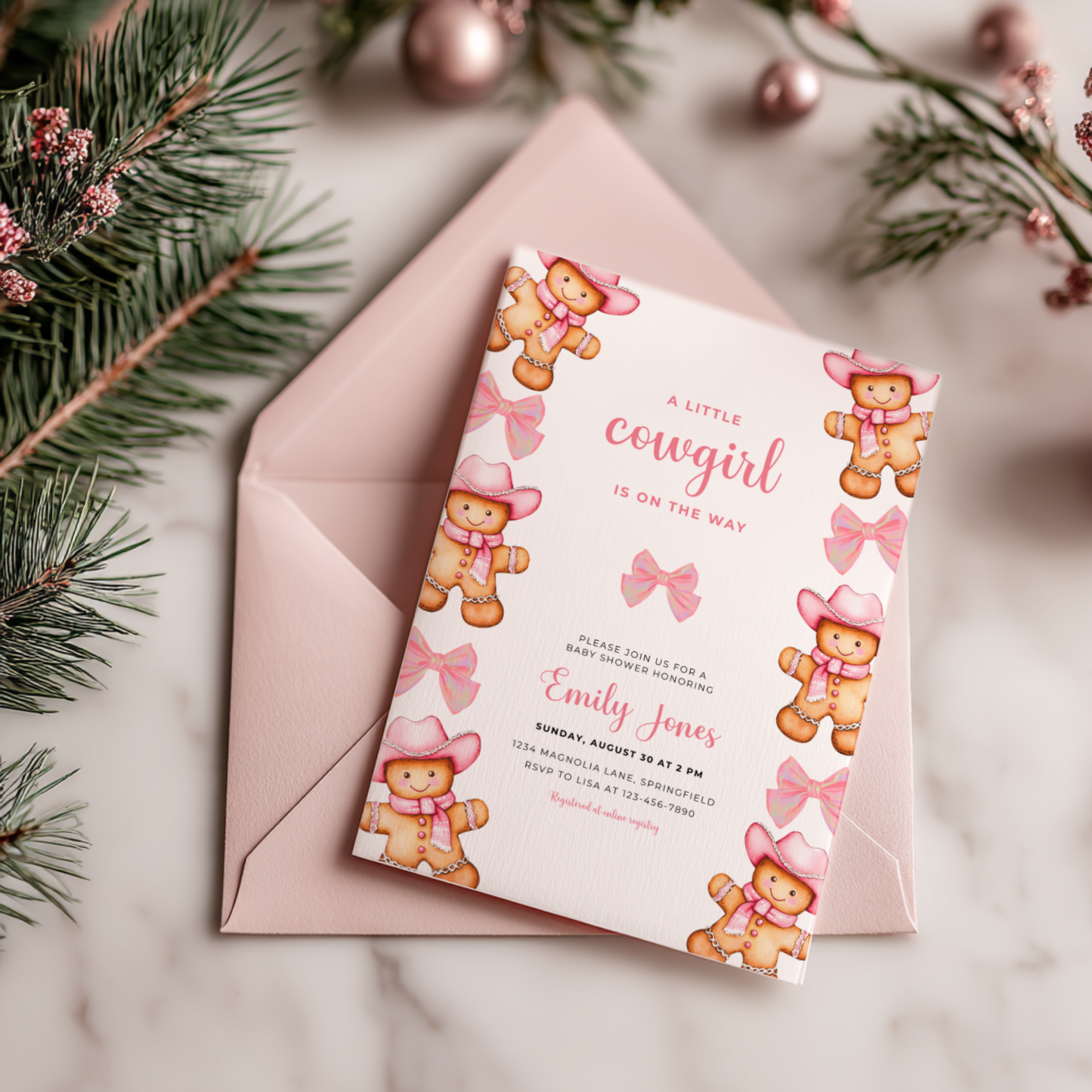 Baby Shower Invitation - Pink Cowgirl Gingerbread Cookie and Bows BS247