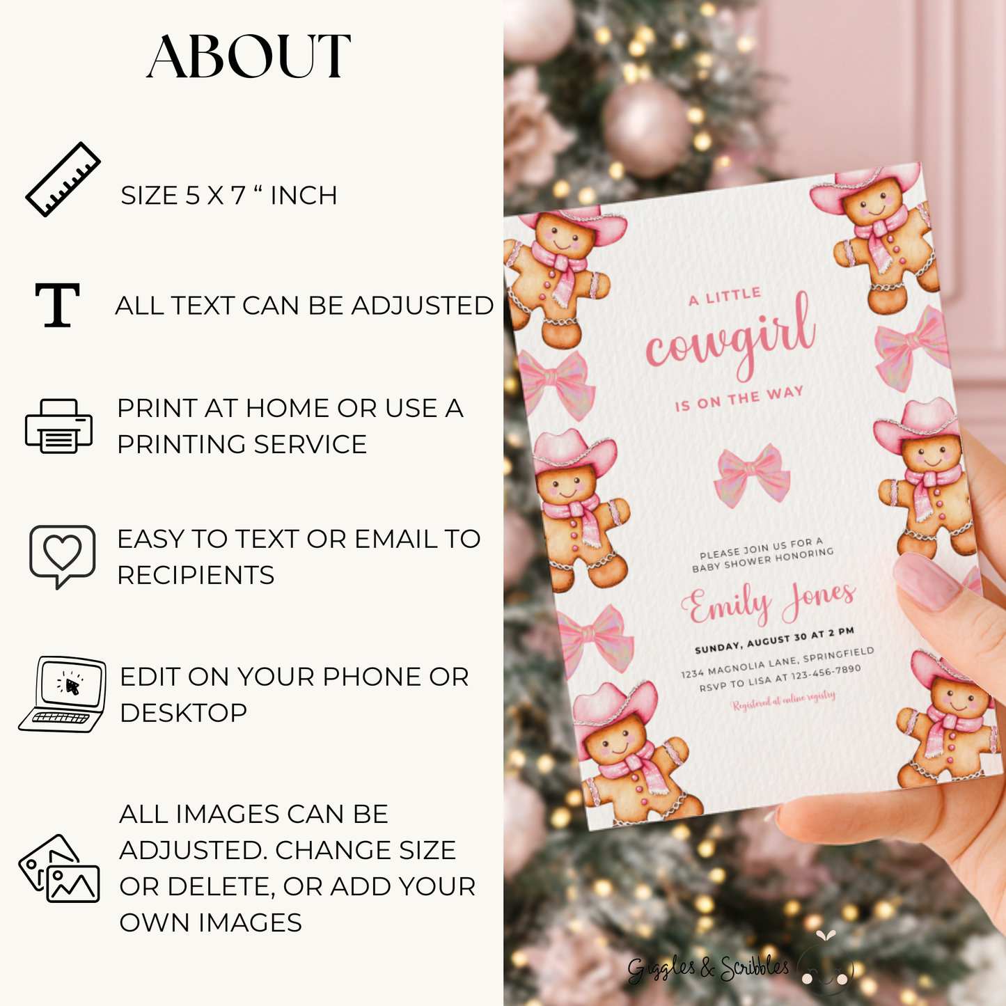 Baby Shower Invitation - Pink Cowgirl Gingerbread Cookie and Bows BS247