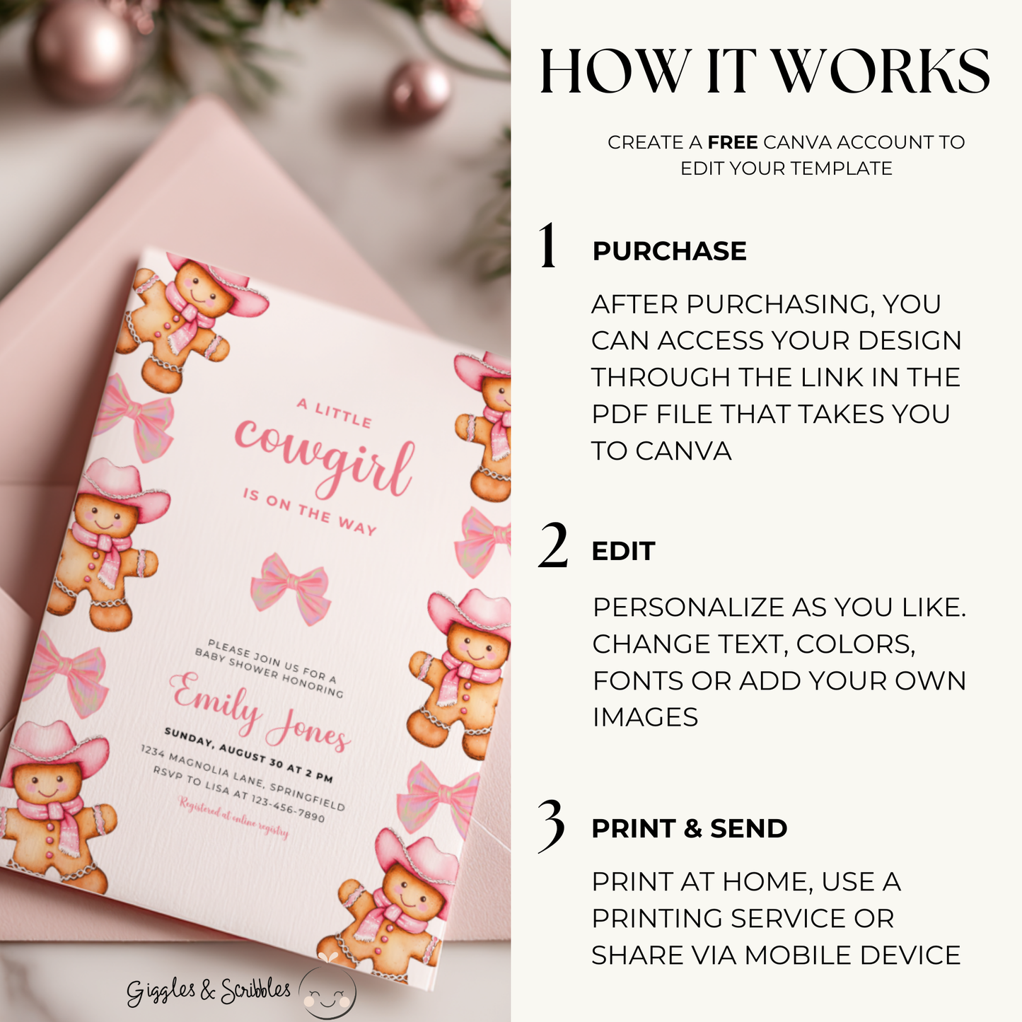 Baby Shower Invitation - Pink Cowgirl Gingerbread Cookie and Bows BS247