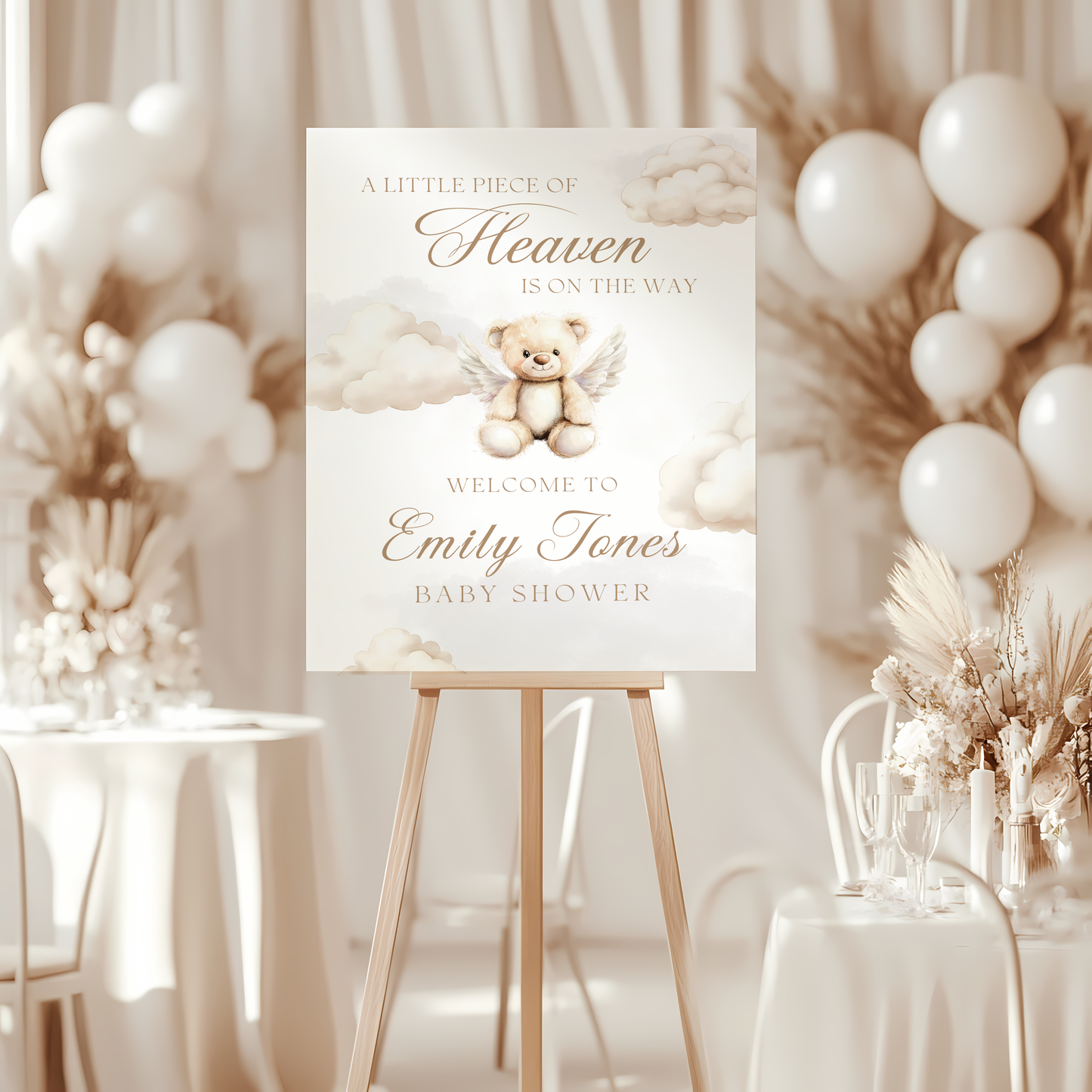 Baby Shower Welcome Sign - Heaven Sent Teddy Bear A Little Piece Of Heaven Is On The Way BS172