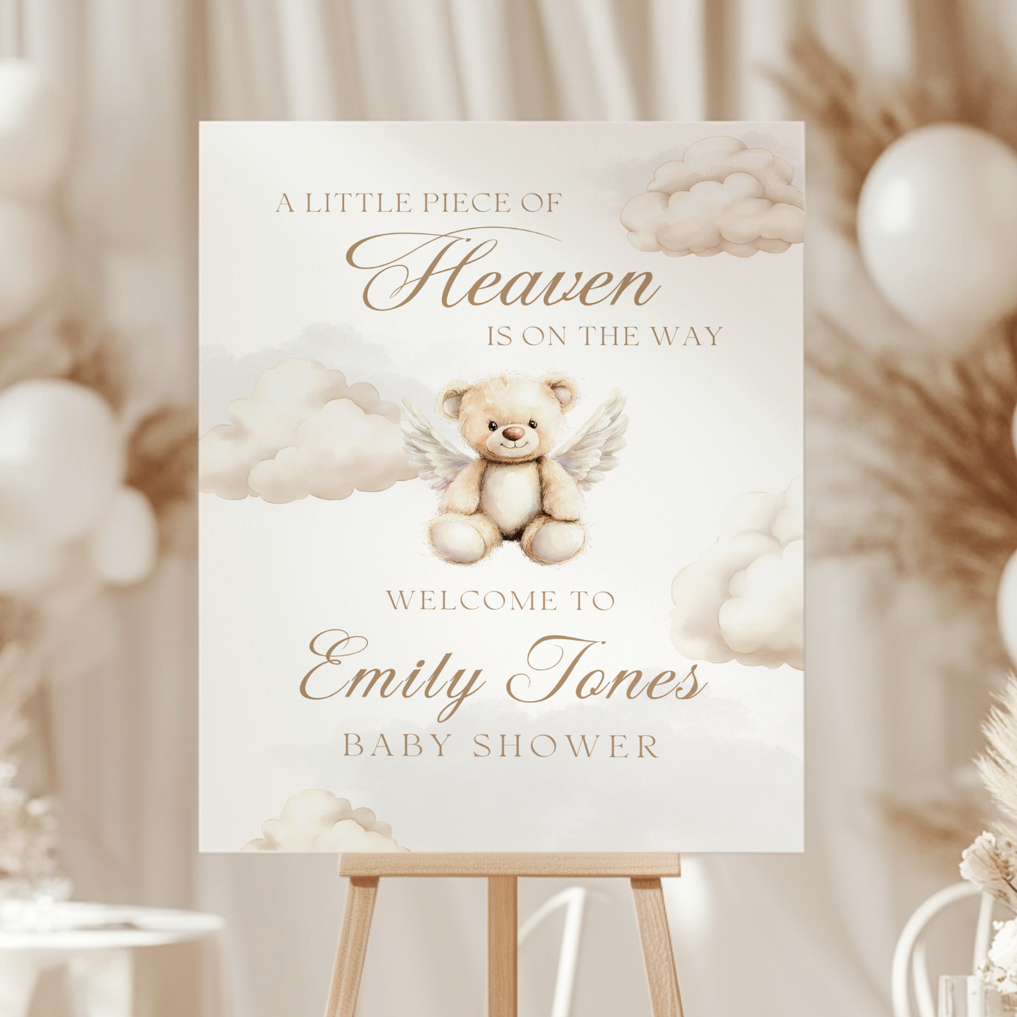 Baby Shower Welcome Sign - Heaven Sent Teddy Bear A Little Piece Of Heaven Is On The Way BS172
