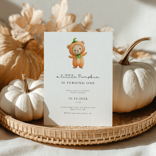 Cute Pumpkin Bear Birthday Invitation Template L18