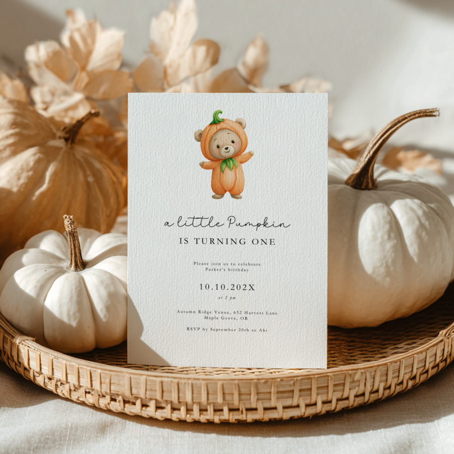 Cute Pumpkin Bear Birthday Invitation Template L18