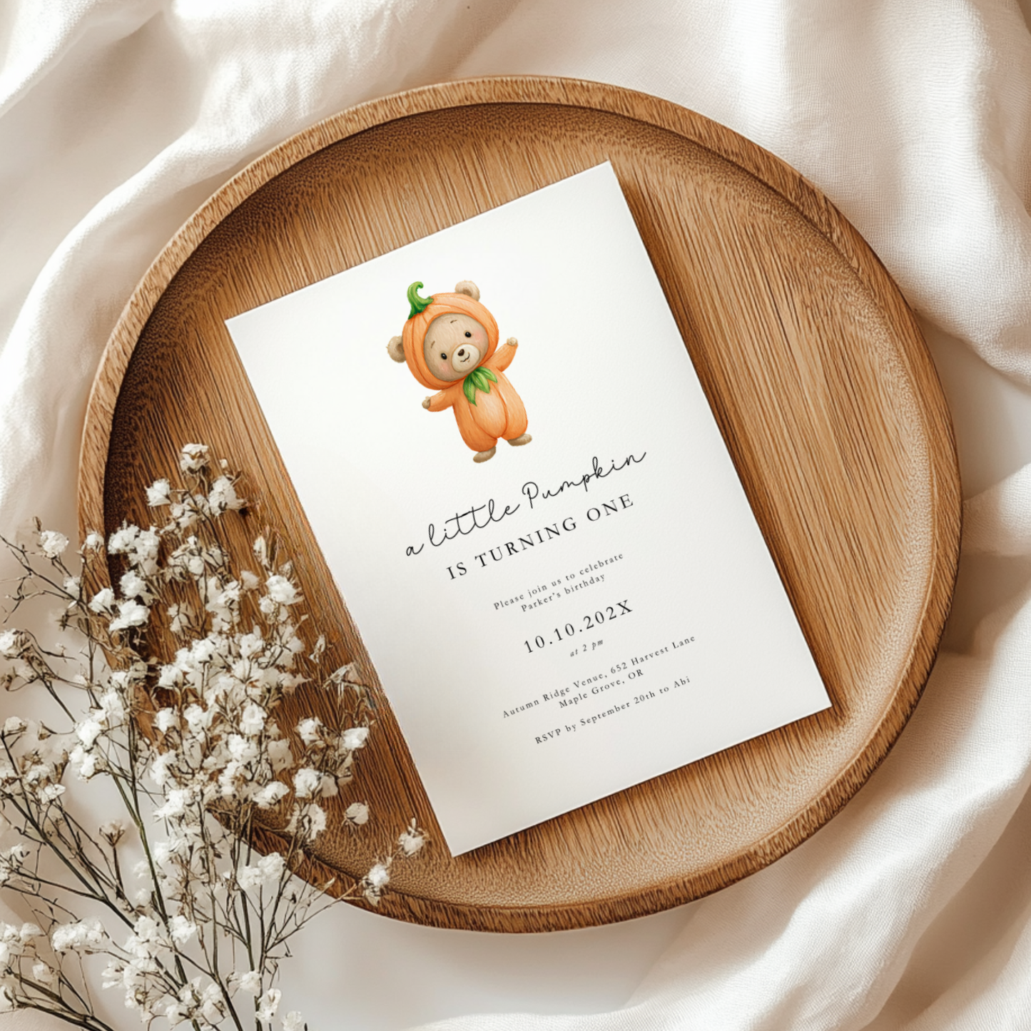 Cute Pumpkin Bear Birthday Invitation Template L18