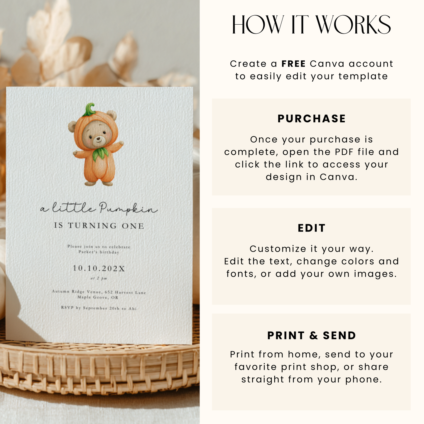 Cute Pumpkin Bear Birthday Invitation Template L18