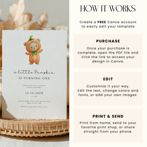Cute Pumpkin Bear Birthday Invitation Template L18