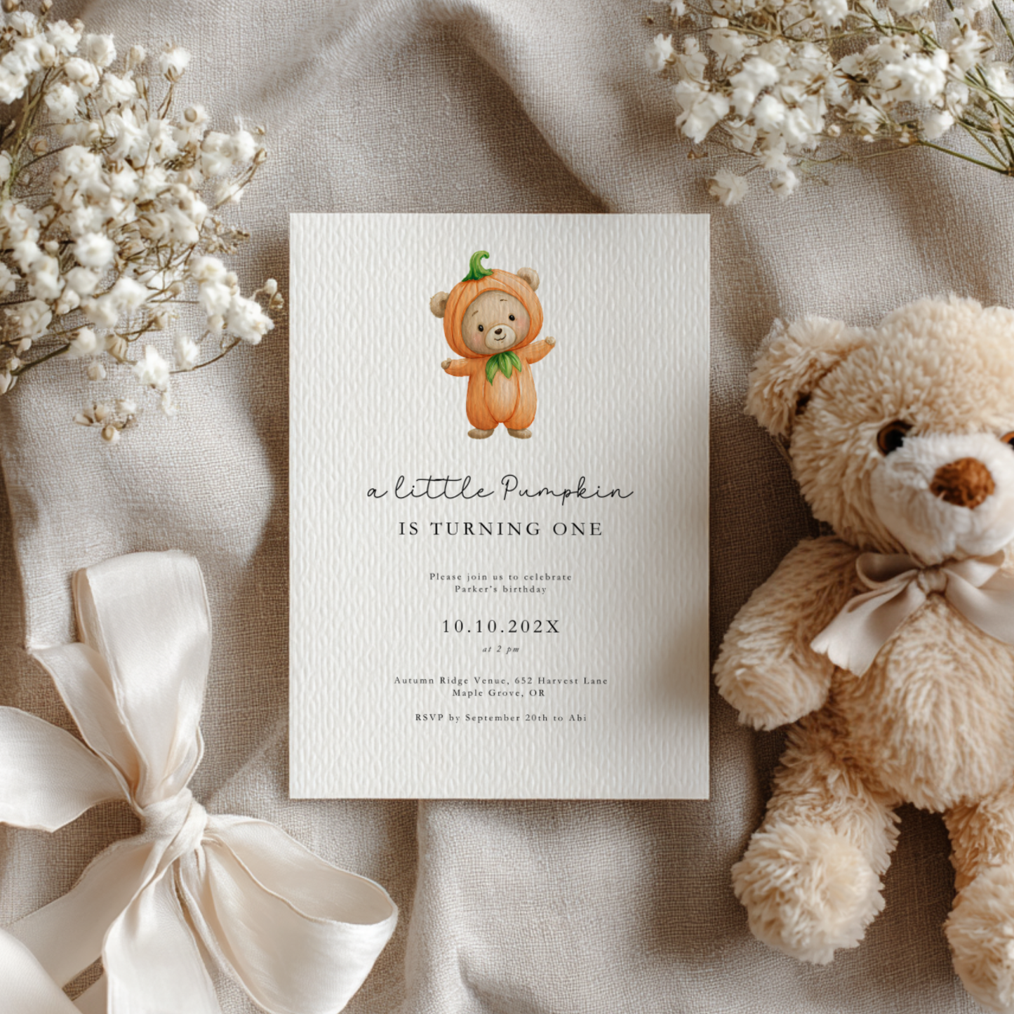 Cute Pumpkin Bear Birthday Invitation Template L18