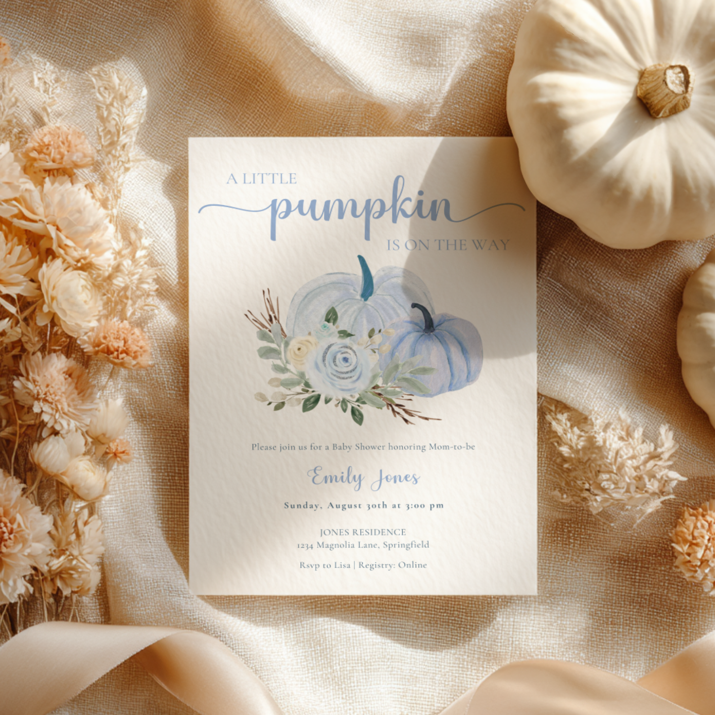 Baby Shower Invitation - Little Pumpkin is On The Way Dusty Blue Floral Fall BS179