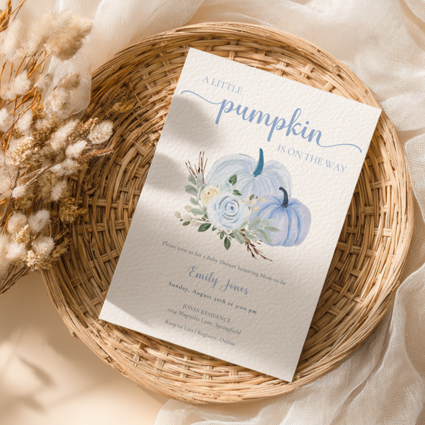 Baby Shower Invitation - Little Pumpkin is On The Way Dusty Blue Floral Fall BS179